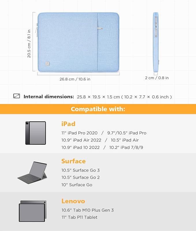 NIDOO Laptop Sleeve Case Water Resistant Protective Cover Portable Carrying Bag for 11 iPad Pro M5 M4/ iPad Air M3 M2/10.9 11 iPad / 10.5 10.9 iPad Air/Surface Go 2 3/11 Samsung 10.1 inch, Light Blue