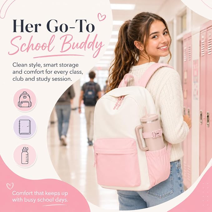 LOIDOU Backpack for Girls School Backpacks Bookbags for Elementary Middle School Women Laptop Backpacks (Pink White-, L-17)