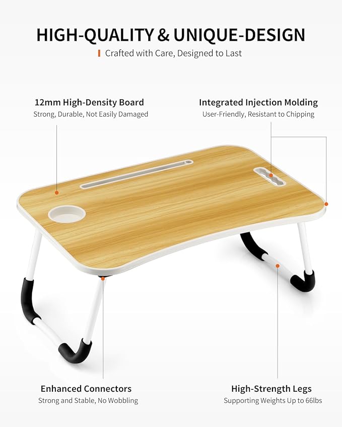 FISYOD Foldable Laptop Table, Portable Lap Desk Bed Table Tray, Laptop Stand with Cup Holder & Tablet Slot & Lifting Handle for Working Writing Drawing & Eating (Wood)