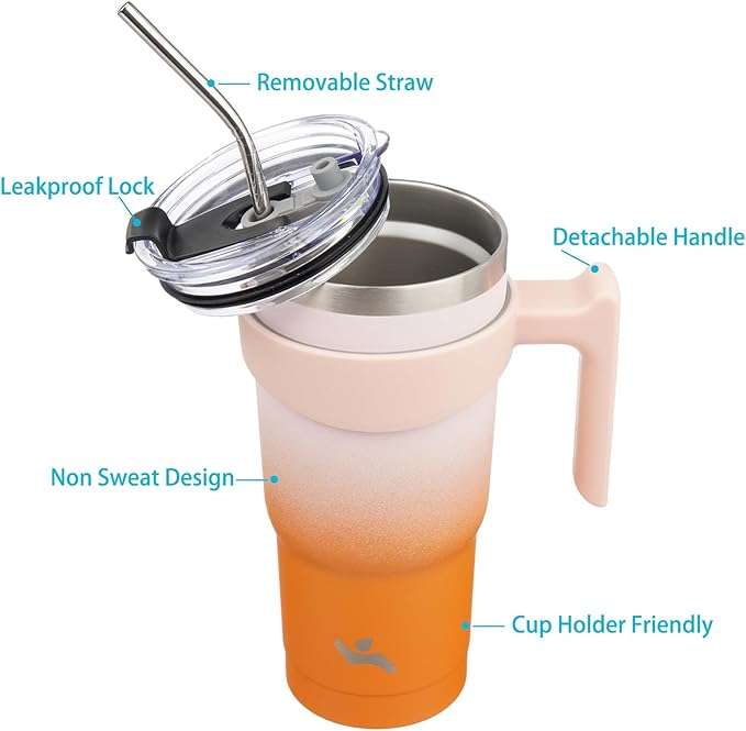 Konokyo 20 oz Tumbler with Handle and 2 Straw 2 Lid, Insulated Water Bottle Stainless Steel Vacuum Cup Reusable Travel Mug,Coral