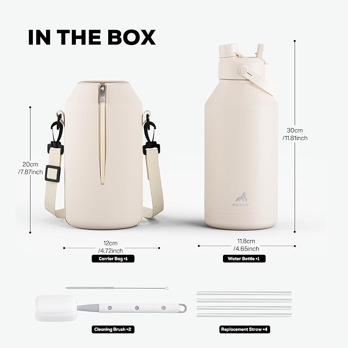POWCAN 64 oz Water Bottle Insulated with 2-in-1 Straw and Spout Lid, Carrier Bag, Handle Strap, Leakproof, BPA-Free, Half Gallon Metal Water Bottle for Camping, Picnic and Hydration (Cream)