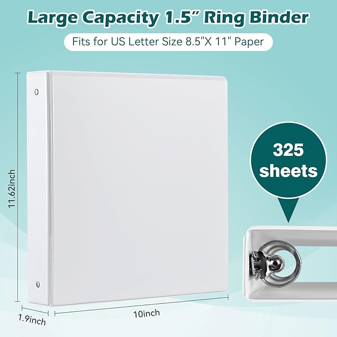 Heture 3 Ring Binder 1.5 Inch 6 Pack, 1-1/2" Clear View with Round Rings, PVC-Free,Holds for 325 Sheets 8.5X 11 US Letter Size Paper, Durable White Binders Perfect for Office,School and Home