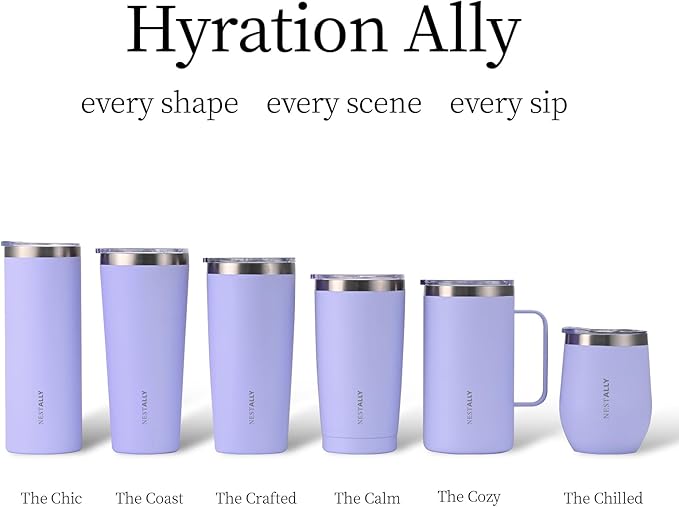NESTALLY Coast 20oz Stainless Steel Tumbler, Extra Capacity Holds Up to 22oz, Double Wall Vacuum Insulated Travel Coffee Mug with Lid & Metal Straw, Leakproof Reusable Cup for Travel (Lavender)