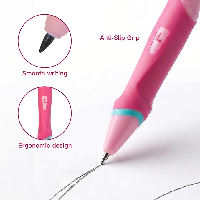 Ergonomic Pencil Set, 2.0mm HB Mechanical Pencils for Kids, School Supplies Include Sharpener, Eraser & 6 Extra Leads – Handwriting Aid for Preschool, Kindergarten, Homes, Pink, L