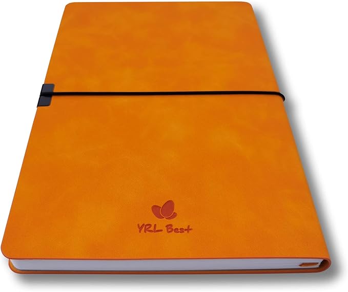 Softcover Bullet Notebook Journal, Dotted/Dot Grid, A5, 5.8x8.3 Inches, Premium Faux Leather, Creamy Thick Paper, Sewn Bound, Elastic Band, Inner Pocket, Pen Loop, Lays Flat, Orange