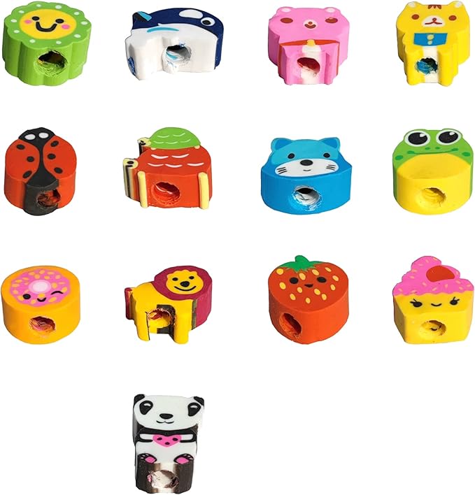 28PCS Assorted Cartoon Stripe Colored Wooden Pencils with Fruit Animal Top Pencil Erasers for Kids School Supplies and Children Prize Gifts, 28 Count (Pack of 1)