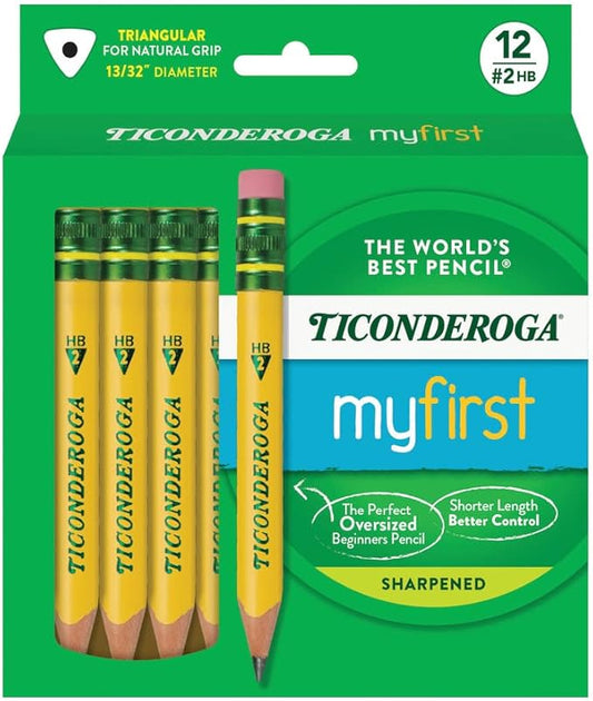 Ticonderoga My First Half-Size Wooden Pencils, Large Triangle-Barrel Pre-Sharpened #2 (HB) Short 4.5" Yellow Pencils with Erasers, Yellow, 12/Pack