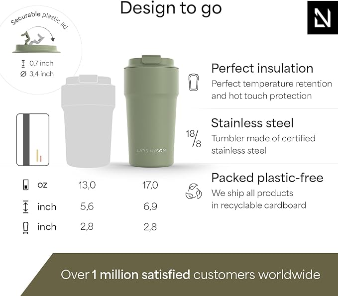 LARS NYSØM Thermo Coffee Mug to go 17oz | Travel Mug 0.5 Liter with Insulation | Leak Proof Stainless Steel Thermal Tumbler for Coffee and Tea on the Go (Sage Green, 17oz)