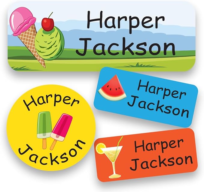 120-ct Personalized Waterproof Name Labels – 3-Line Custom Stick-On Tags for Daycare & Camp – Dishwasher-Safe, Cute Pastel Designs, Pre-Cut