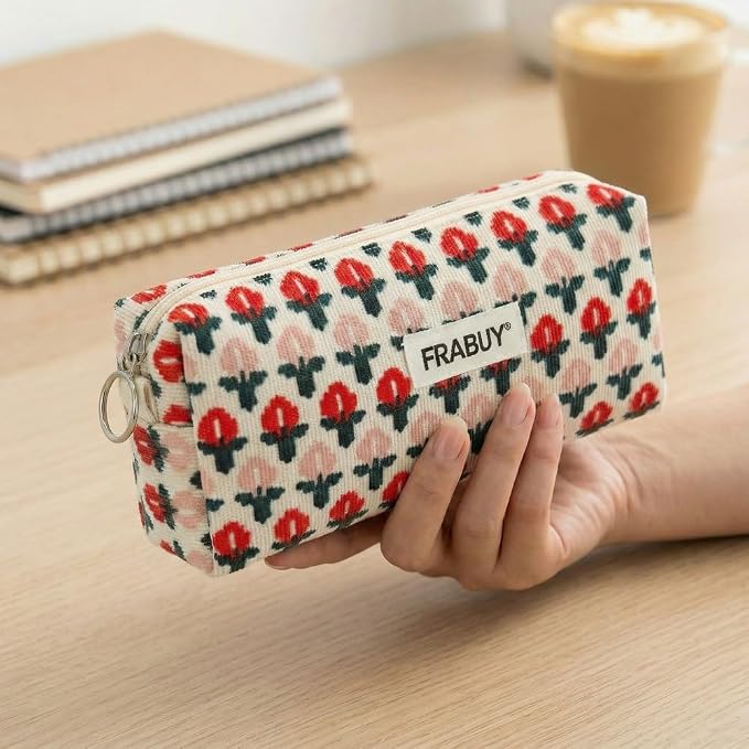Soft Corduroy Pencil Case Pen Pouch Organizer, Small Stationery Bag | Cute little red flower pencil pouch, smooth zipper, daily cosmetics holder, compact organizer for school teen girls, women