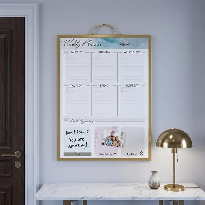 Magnetic Dry Erase Board 12x16 with Handle, Double Sided Portable Gold Whiteboard for Home, Office, School & Kitchen, Includes Weekly & Monthly Magnetic Planner Sheets