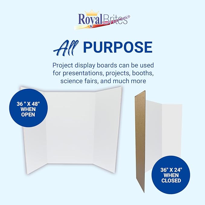 Royal Brites 1-Ply Corrugated Tri-fold Project Display Board 36" x 48", Exhibition, Presentation, & Science Fair Display Boards, Lightweight Trifold Board with Smooth Surface, White/Kraft, Pack of 12