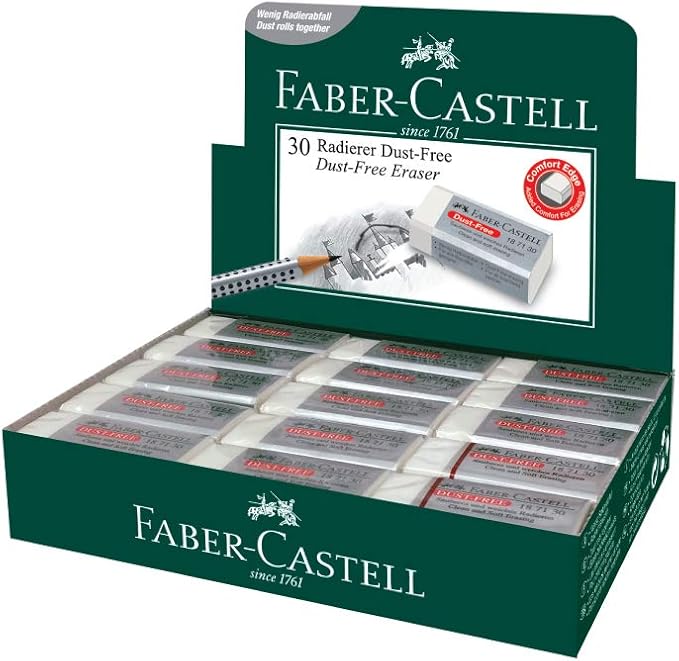 Faber-Castell Dust Free White Eraser (Box of 30) - Soft Erasing, Comfort Edge, Latex Free, Great for Black Lead Erasing for School, Office & Home