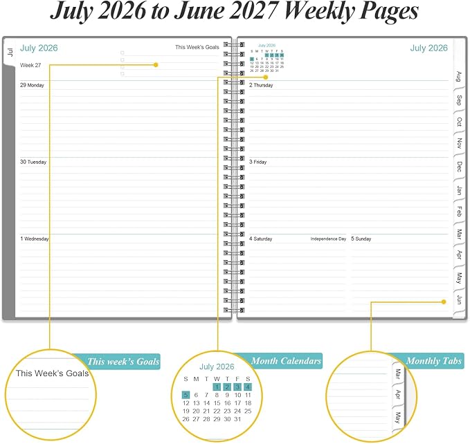 2026-2027 Planner - Planner 2026-2027 from July 2026 to June 2027 with 12 Monthly Tabs, Flexible Cover, Inner Pocket, 8.5" x 11", Grey-B