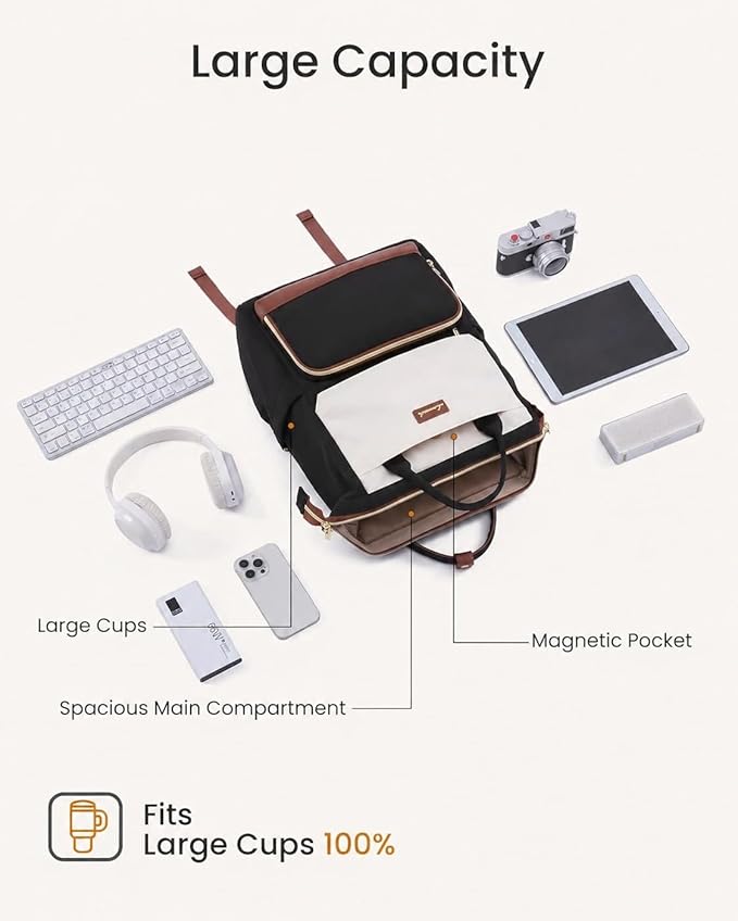 LOVEVOOK Laptop Backpack for Women with Giant Tumbler Holder Pocket, 15.6 inch Travel Work Backpack Purse for Nurse Teacher, Waterproof School Bag College Bookbag Cute Casual Daypack for Girls Brown