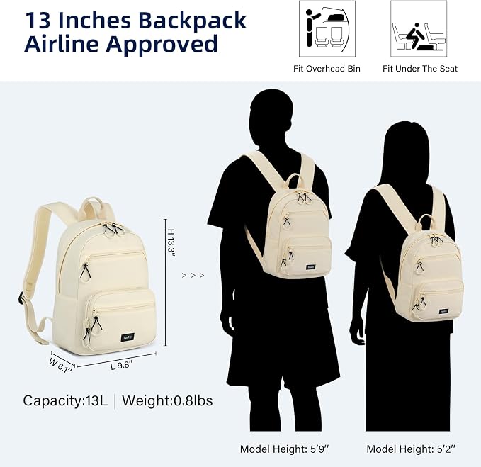 HanTrip 13 Inch Mini Small Travel Backpack Cary on For Women Men, Offwhite | 13L Capacity, Lots of Pockets, Padded Shoulder Strap, Lightweight, Water Resistant, Bookbag for College, Commuter, Work