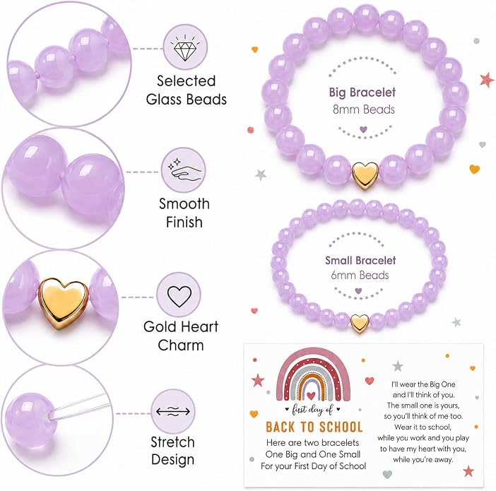 Back to School Bracelets Heart Matching Mommy and Me Elastic Wish Strings Bead Bracelets First Day of School Supplies Gifts