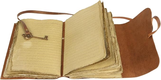 Leather Journal with Deckle Edge Paper 8x6 inch and Vintage Key | Handmade Writing Notebook Diary | Bound Daily Notepad for Men & Women Medium, Sketch/Writing pad for Artists