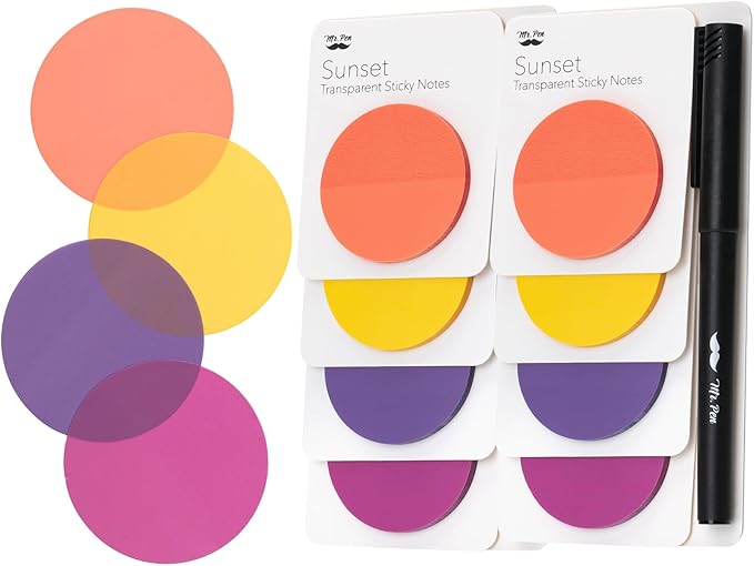 Mr. Pen- Round Transparent Sticky Notes, 1.8”, 8 Pads with Black Fineliner, 400 Sheets, Smooth Writing, Water-Resistant, Clean Removal, Easy-Peel Sticky Notes for Bible Journaling & Planning, Sunset