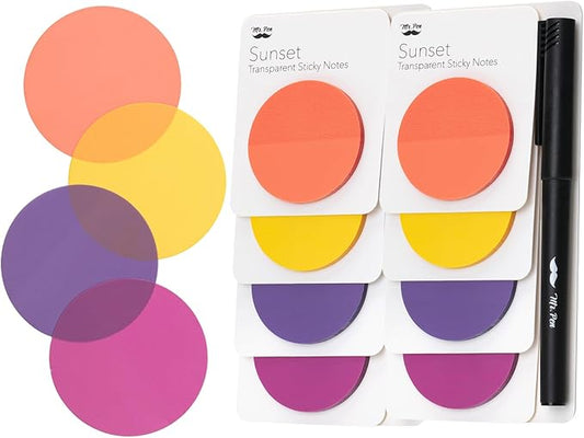 Mr. Pen- Round Transparent Sticky Notes, 1.8”, 8 Pads with Black Fineliner, 400 Sheets, Smooth Writing, Water-Resistant, Clean Removal, Easy-Peel Sticky Notes for Bible Journaling & Planning, Sunset