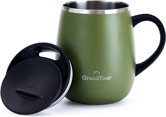 GRANDTIES Insulated Coffee Mug with Handle - Sliding Lid for Splash-Proof 16oz Wine-Glass Shape Thermal Tumbler with Double Walled Vacuum Stainless Steel to Keeps Beverages Hot or Cold-Olive Green