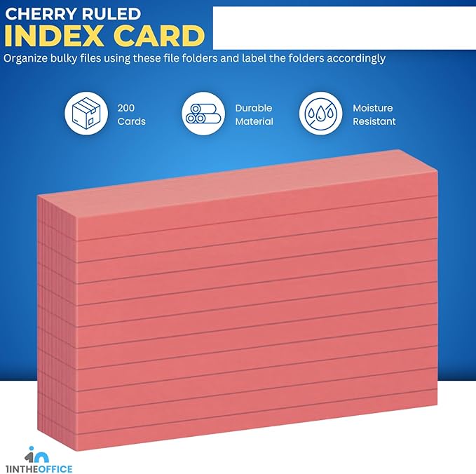 1InTheOffice Ruled Red Index Cards 3x5, Cherry Red, 200/Cards