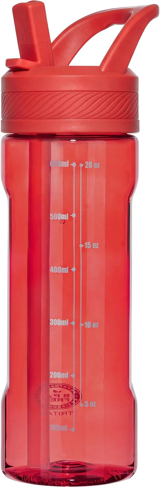 OLDLEY 20oz Kids Water Bottle with Straw, BPA-Free Tritan Water Bottle for School, Leakproof Clear Water Bottle with One Click Open, Measurement Scale, Cup Holder Friendly for Boys Girls,Clear Red