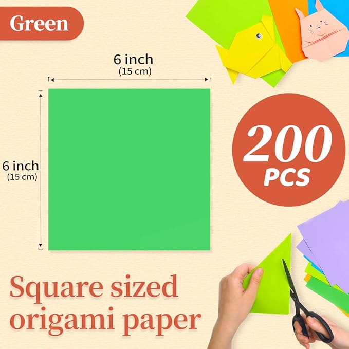 IOOLEEM Origami Paper, 200 Sheets, Green Origami Paper, 6 Inch Square, Double Sided Colored paper.