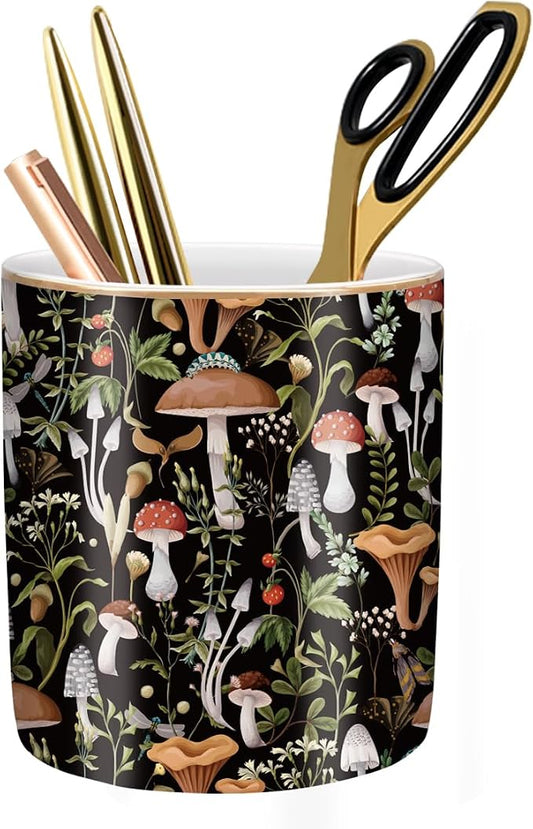 Pen Pencil Holder for Desk, Ceramic Pen Cup Cute Makeup Brush Holder, Unique Desk Multifunctional Pens Organizer for Home, Office, Mushrooms Pattern