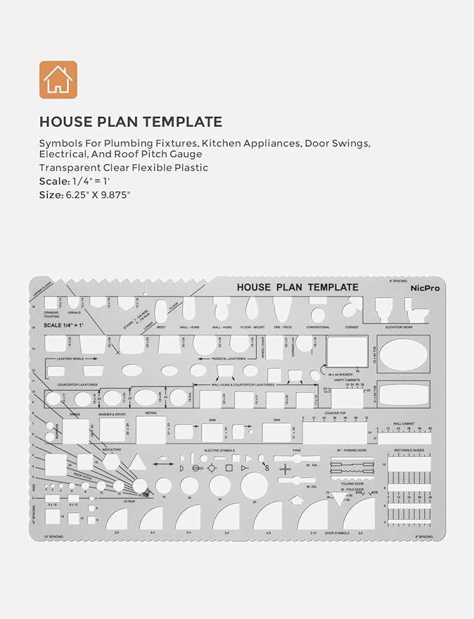 Nicpro Architectural Drafting Tools, 3 PCS Templates for House Plan Furniture Kitchen, Building, Interior Design CAD Drawing, Geometry Measuring Template Ruler Supplies