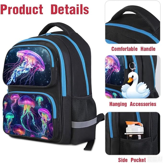 HiMagics School Backpack For Boys Girls Backpack For Kids Toddler Teens Elementary Middle School 17 inch Boys Backpacks Ages 6-18 Travel Book bag with Chest Strap Jellyfish Pattern