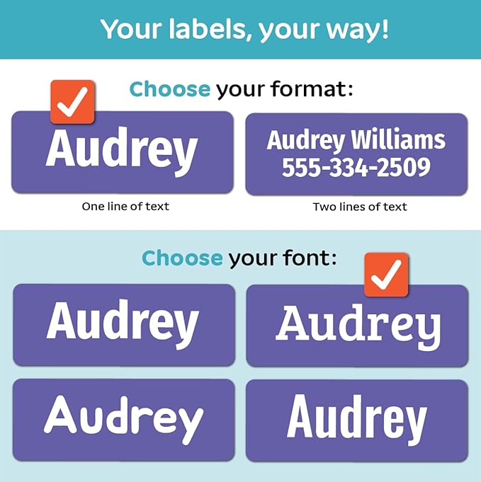 Kids Personalized Name Labels for School, Camp, Daycare (128 Labels) Custom Peel and Stick Waterproof Name Tags Stickers for Water Bottles, Lunch Boxes, Clothing, School Supplies (Berry Colors)