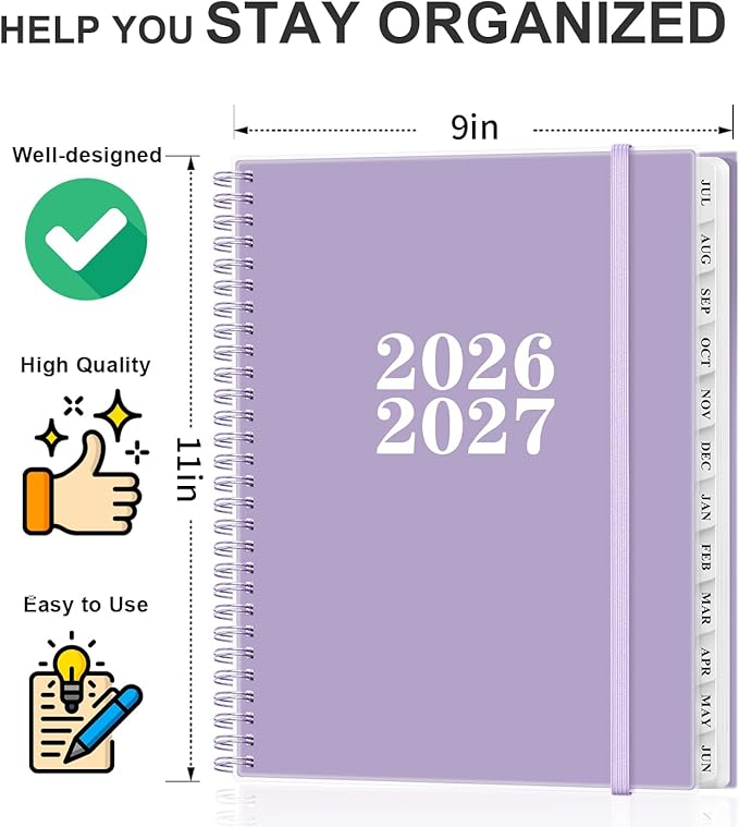 Planner 2026-2027 - Academic Planner from July 2026 to June 2027, Weekly & Monthly Planners Spiral Bound with 12-Month Tabs, Inner Pocket, 8.5" x 11", Purple
