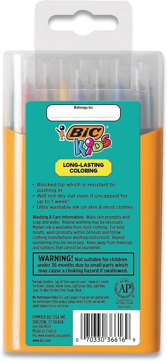 BIC Kids Markers, Ultra Washable, Durable Case, Long-Lasting, Bullet Tip (2.8mm), Assorted Colors, 20-Pack