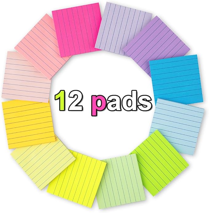 (12 Pack) Lined Sticky Notes 3x3 in,Notepads with Lines,Ruled Stickies Super Sticking Power,Office School Memo Note Pads Bright Colors,Post on Windows Doors,Recyclable,Easy to Write on