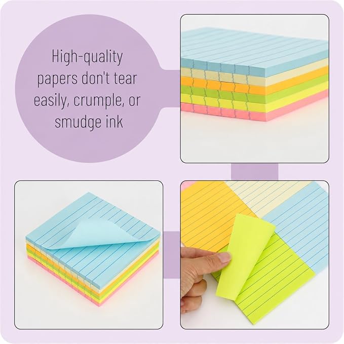 Mr. Pen- Lined Sticky Notes, 4" x 4", 12 Pads, 45 Sheets/Pad, Pastel Color