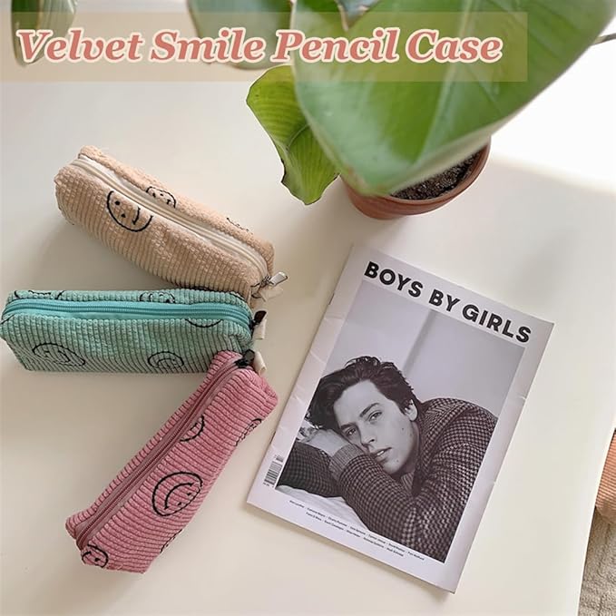 Pencil Pouch Cute Pencil Case Office Storage Bag Holder Box Organizer Aesthetic Bow Flower Pattern Makeup Pouch Cosmetic Bag for Women (KHAKI SMILE)