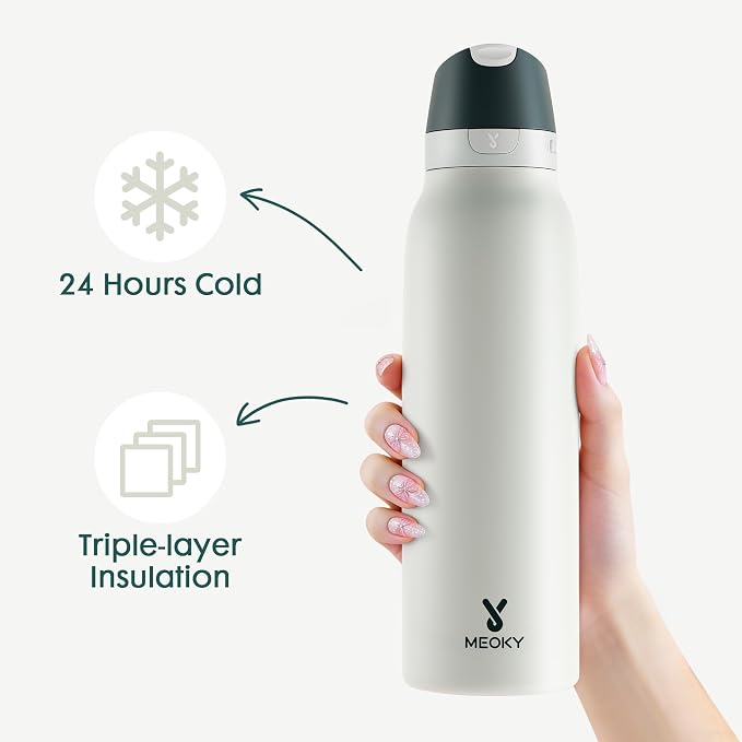 Meoky 24 oz Travel Water Bottle Stainless Steel: 2-in-1 Locking Lid, Frost | Leak Proof, Straw and Spout, 24 Hours Cold, Top Handle, BPA Free, Slim Insulated Water Bottle for Car Ourdoor