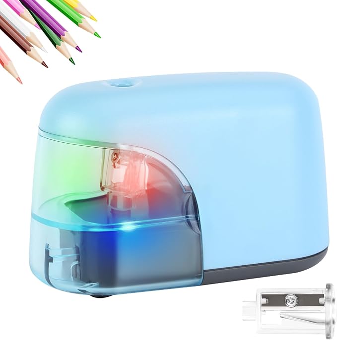 Battery-Operated Electric Pencil Sharpener with LED Light – Compact & Portable Pencil Sharpener for Home, School, or Office Use (Blue)