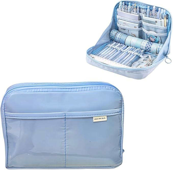 Kawaii Cute Aesthetic Pencil Case - Large Capacity Canvas Pen Pouch Bag (Blue)