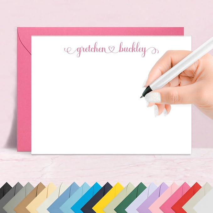 Personalized Stationery Note Cards with Envelopes – Custom Minimalist Thank You Cards, 12 Flat Note Cards & Colored Envelopes – Crush-Resistant Packaging - Folded Cards Optional (Heart Connector)