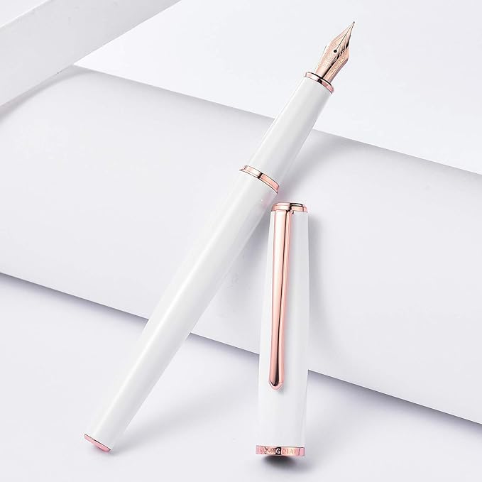 Hongdian 920 White Fountain Pen, Rose Gold Plated Medium Nib Smooth Writing Pen, Classic Pen with Ink Converter