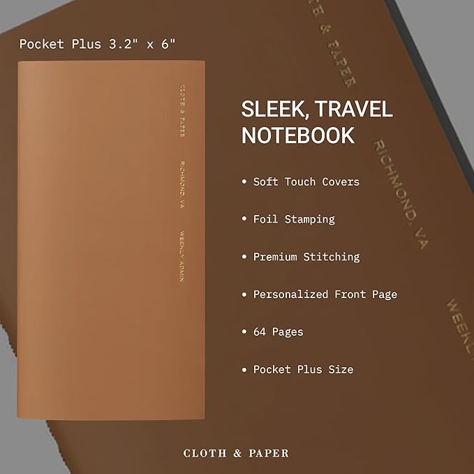 Cloth & Paper Travel Notebook | Weekly Admin Planner – Macchiato | Pocket Plus Weekly Planner 3.2" x 6" | Weekly Schedule Planner with Task & Habit Layout for Organized Planning – Soft Touch Cover