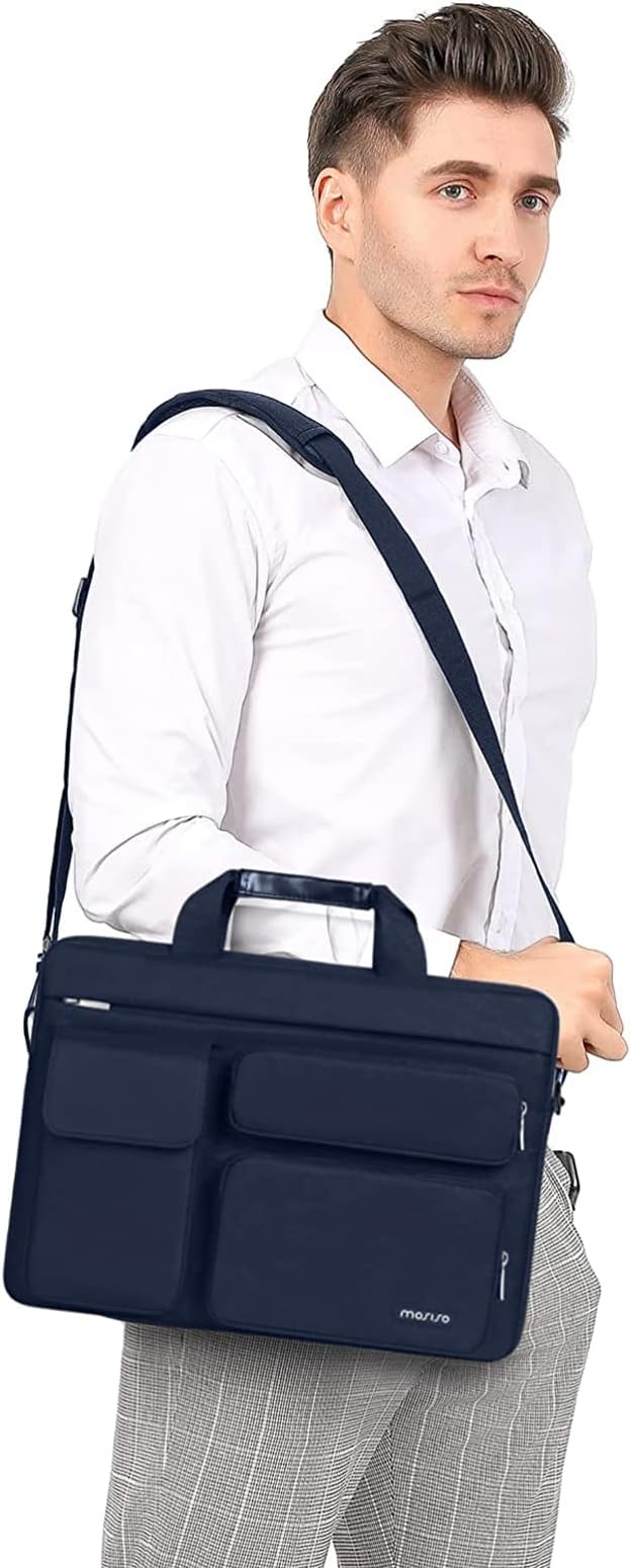 MOSISO Laptop Shoulder Bag 14 inch, 14 inch Computer Bag Compatible with HP Lenovo Dell ASUS Acer, HP Stream, Dell Latitude with 2 Raised&1 Flapover&1 Horizontal Pocket&Handle&Belt, Navy Blue