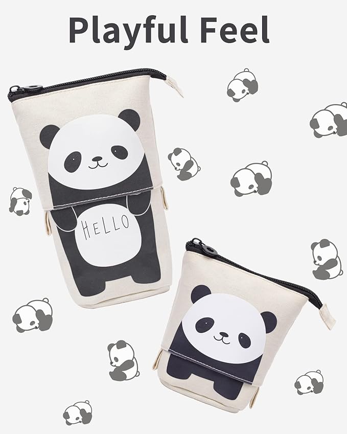 Sooez Standing Pencil Case, Cute Stand up Pencil Pouch, Telescopic Pen Pouch, Portable Pencil Holder, Spacious Pencil Pouch Bag for School Office Supplies, 7.5''x3.07'', Beige Panda