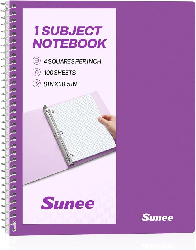 SUNEE Spiral Notebook, 1-Subject, Graph Ruled Paper, 8" x 10-1/2", 100 Sheets per Notebook, 3-Hole Punched Paper, Water Resistant Cover, Spiral Grid Notebooks for Work, Home, School, Dark Purple