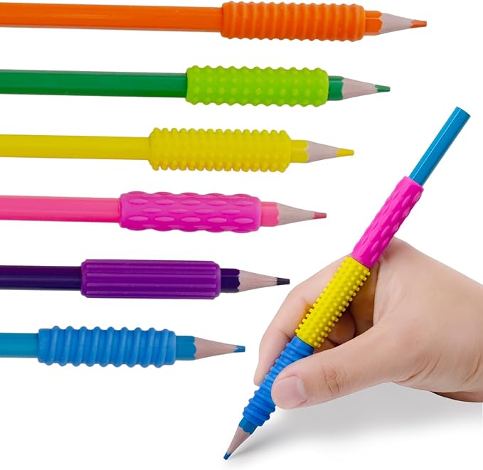 Sequiay 12 Pcs Pencil Grips Handwriting, Textured Silicone Pencil Grip - ADHD Tools, Helps Ease Autism, Anxiety, and Stress (6 Colorful)