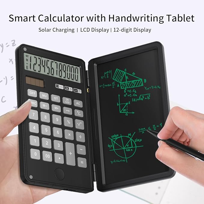 Calculator with Writing Pad,12-Digit LCD Display, Dual Power Solar + Coin Cell,1-Yr Battery Life Silicone Keys for Comfort Lightweight Portable for Students/Engineers/Professionals (Black)