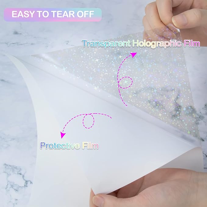 36 Sheets Holographic Sticker Paper Transparent Holographic Laminate Sheets Self Adhesive Glitter Film Laminating Sheets Clear Waterproof Vinyl Overlay for DIY Crafts, 8.5 x 11 inch Star Pattern