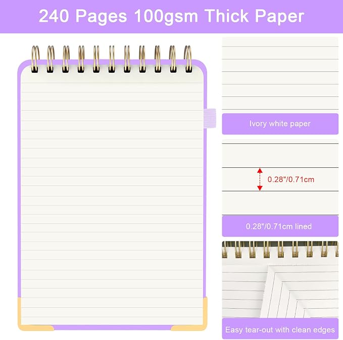 Mousbull A5 Top Spiral Notebook, Tree Pattern Large Leather Hardcover Left Handed Journal, 240 Pages 100 Gsm Lined Paper Top Bound Steno Pads for Work, School, Travel Writing - Purple, 5.9" x 8.5"